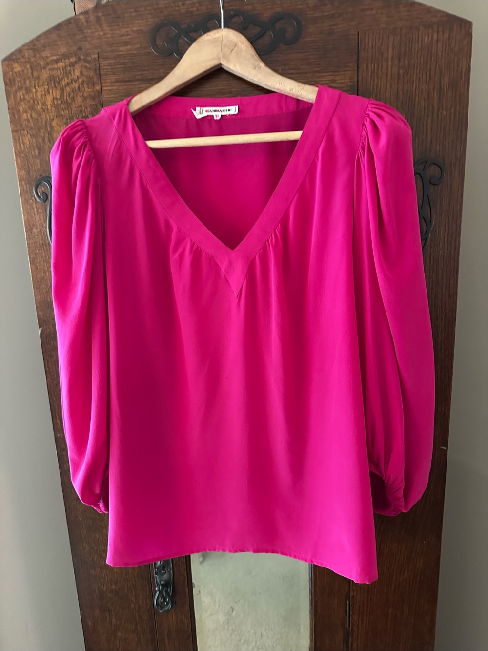 YSL Saint Laurent Paris Fuchsia V-Neck Puff Sleeve Blouse Size 36 EU Medium US